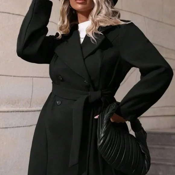 Black Preppy Womens Lapel Neck Double Breasted Belted Overcoat - Picture 2 of 5